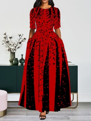 Vestido Feminino Com Meia Manga Até O Chão Decote Redondo E Cintura Padrão