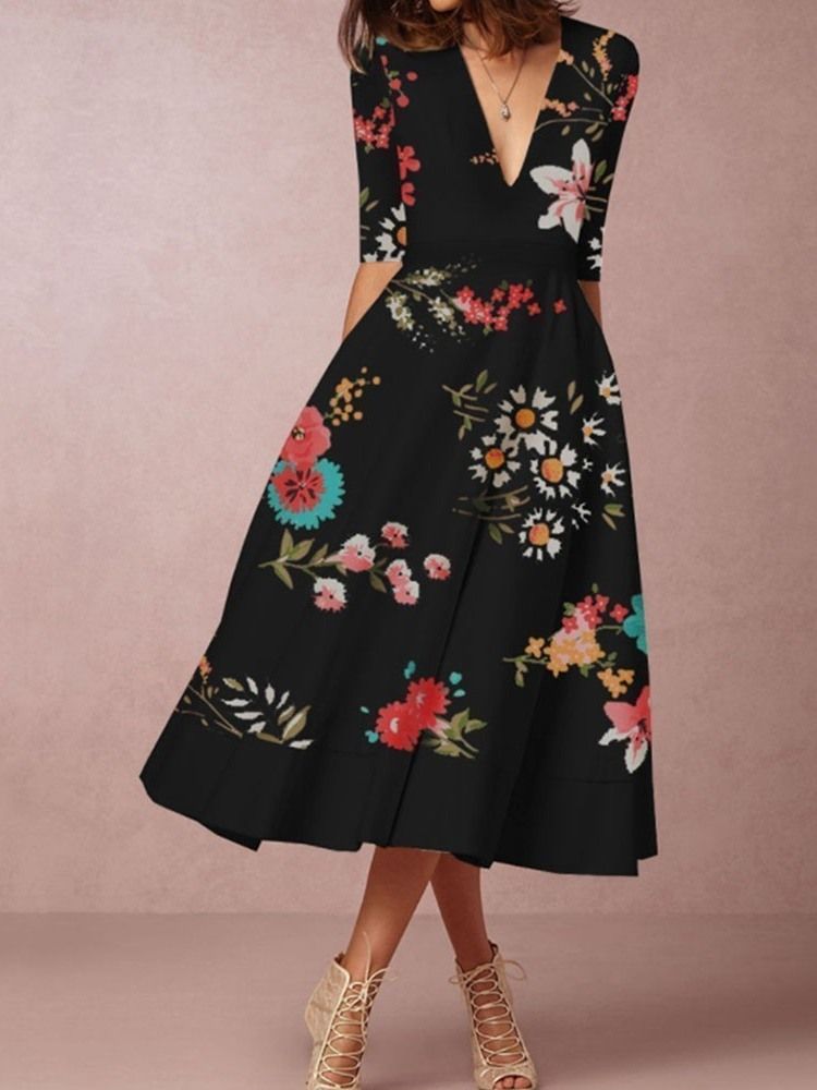 Vestido Feminino Com Meia Manga Canela Média Decote Em V Verão Corte Costura