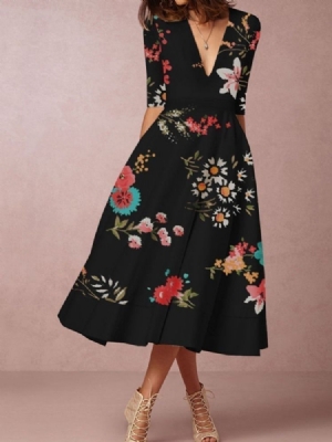 Vestido Feminino Com Meia Manga Canela Média Decote Em V Verão Corte Costura