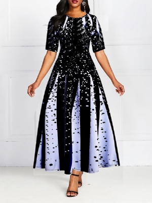 Vestido Feminino Com Meia Manga Em Volta Do Pescoço Estampado Com Bolso Em A-line Vestido Maxi
