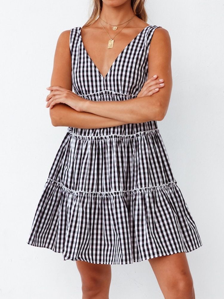 Vestido Feminino Em Patchwork Sem Mangas Com Decote Em V Xadrez Em Linha A