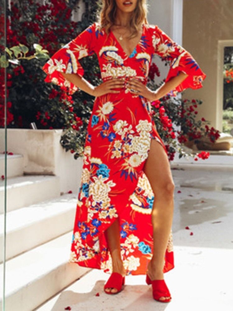 Vestido Feminino Estampado Com Decote Em V Até O Tornozelo E Cintura Alta Vestido Floral Midi