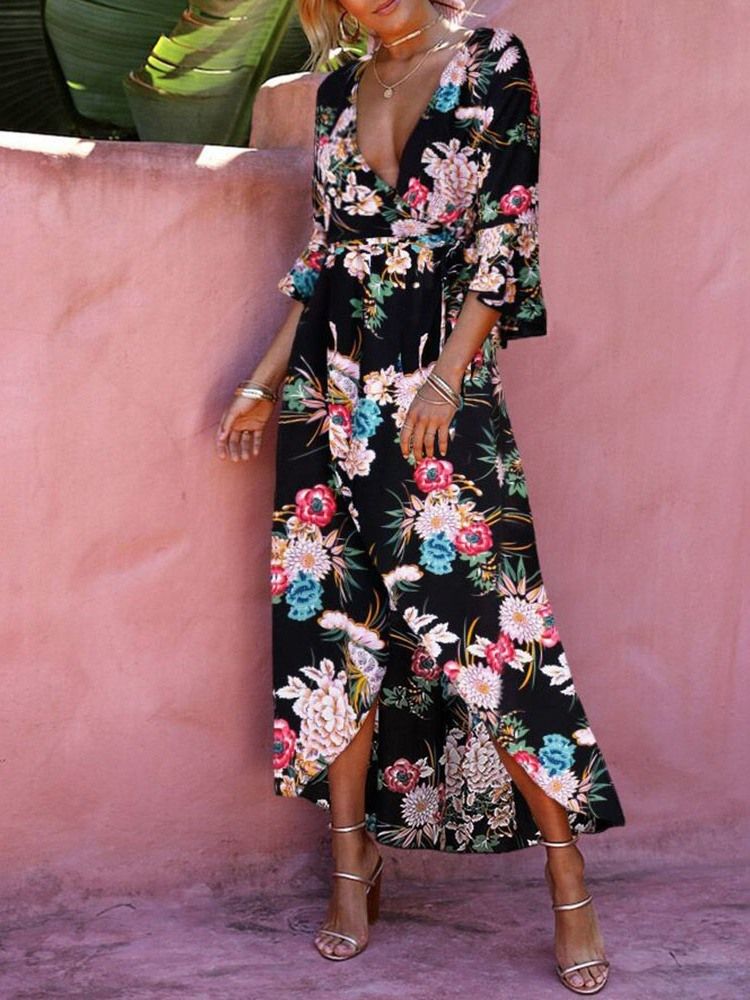 Vestido Feminino Estampado Com Decote Em V Até O Tornozelo E Cintura Alta Vestido Floral Midi