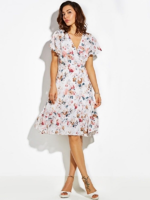 Vestido Feminino Estampado Com Decote Em V Com Cordão Em Linha A
