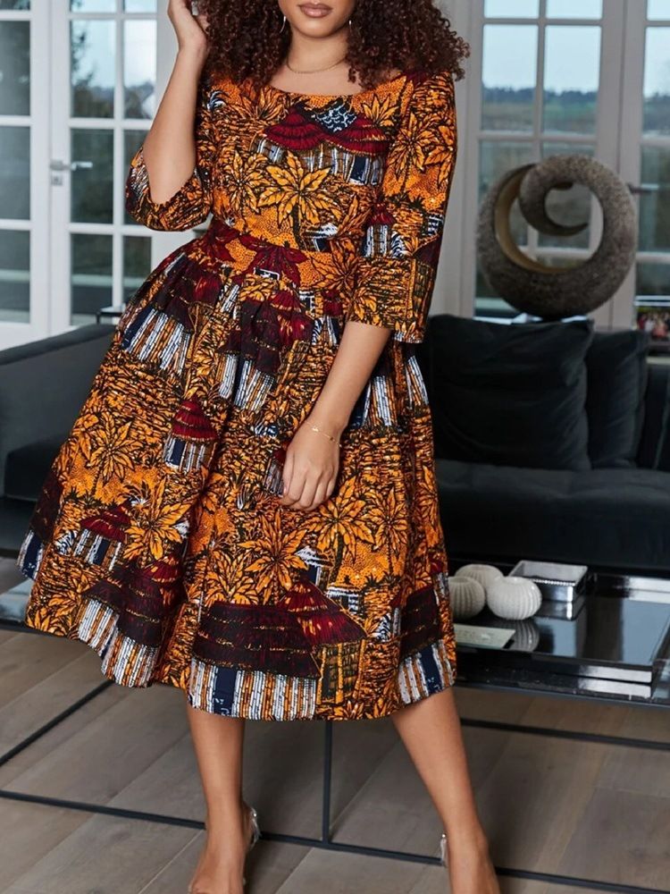 Vestido Feminino Estampado Com Meia Manga Em Volta Do Pescoço Em Linha A Em Bloco De Cor