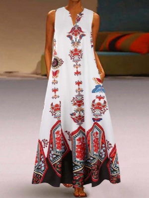Vestido Feminino Estampado Estilo Pulôver Sem Mangas Na Altura Do Tornozelo