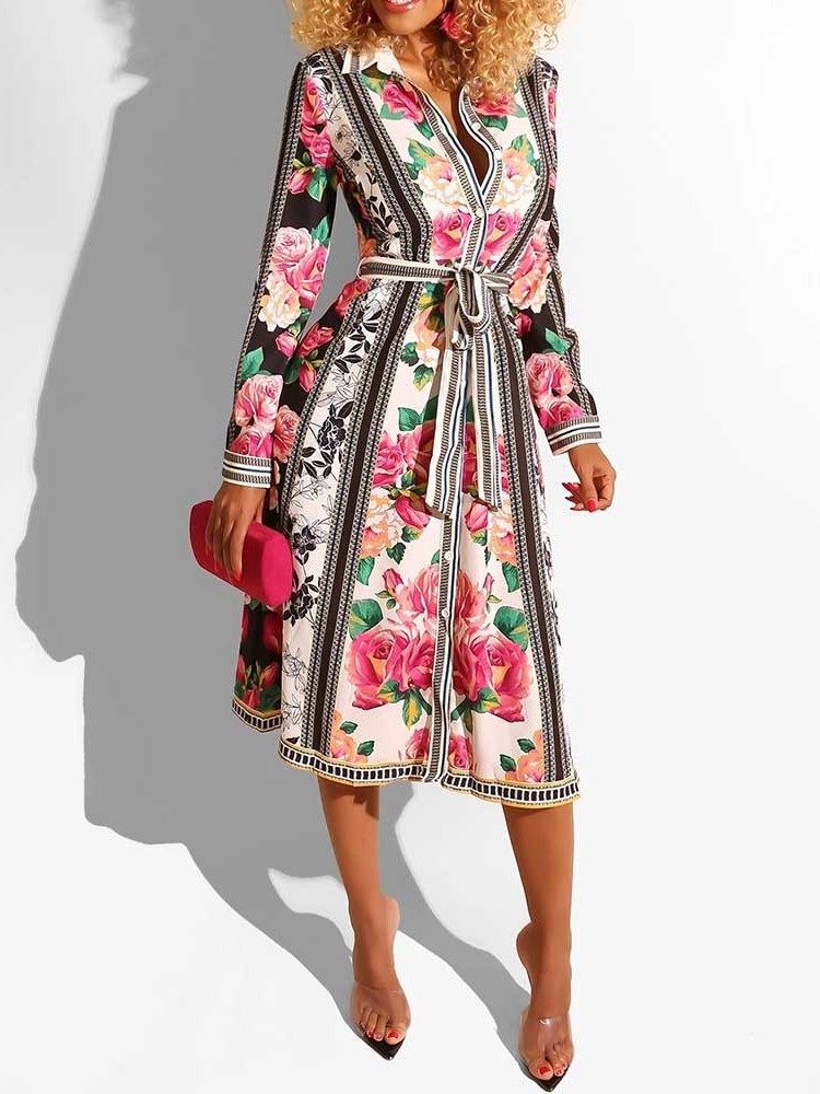 Vestido Feminino Estampado Floral Lapela Manga Longa Linha A Vintage