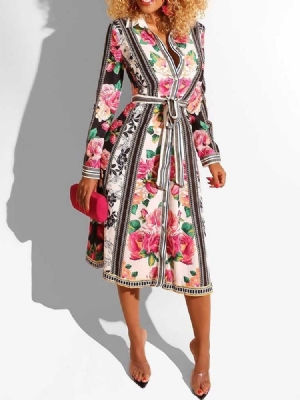 Vestido Feminino Estampado Floral Lapela Manga Longa Linha A Vintage