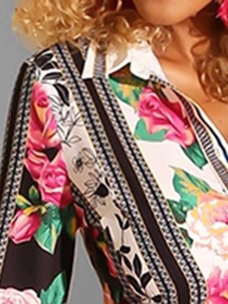 Vestido Feminino Estampado Floral Lapela Manga Longa Linha A Vintage