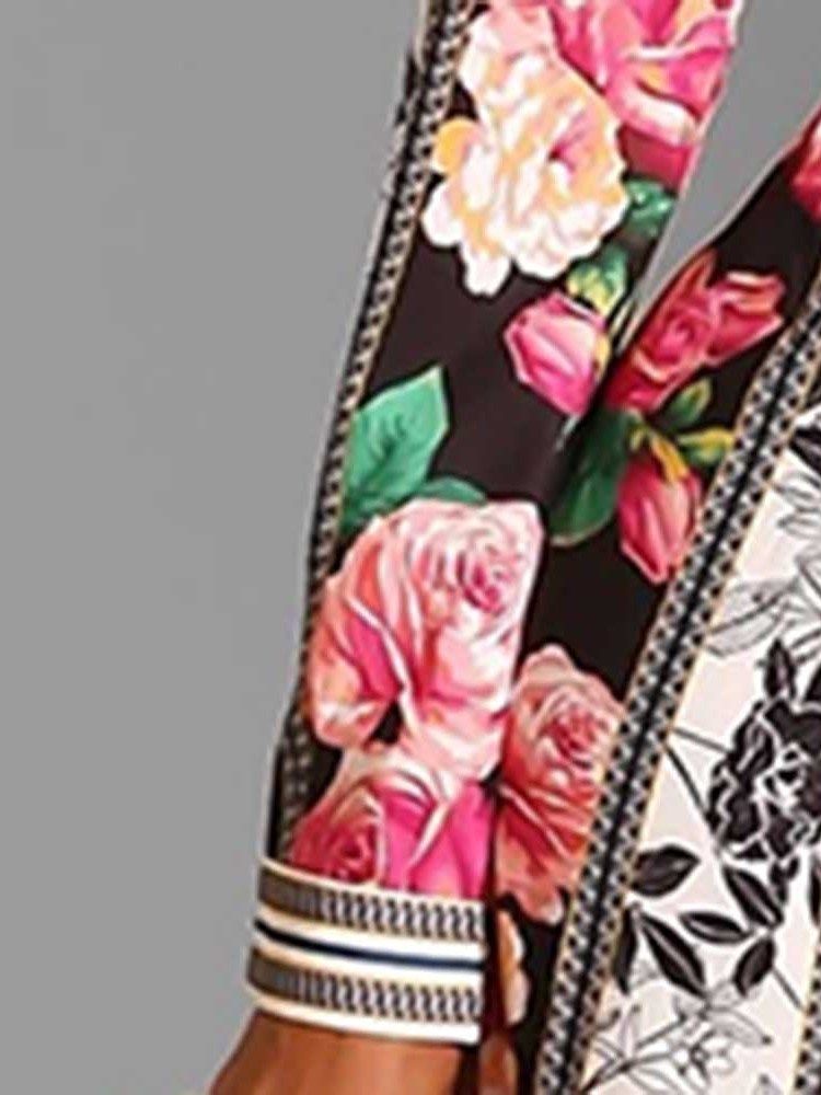 Vestido Feminino Estampado Floral Lapela Manga Longa Linha A Vintage