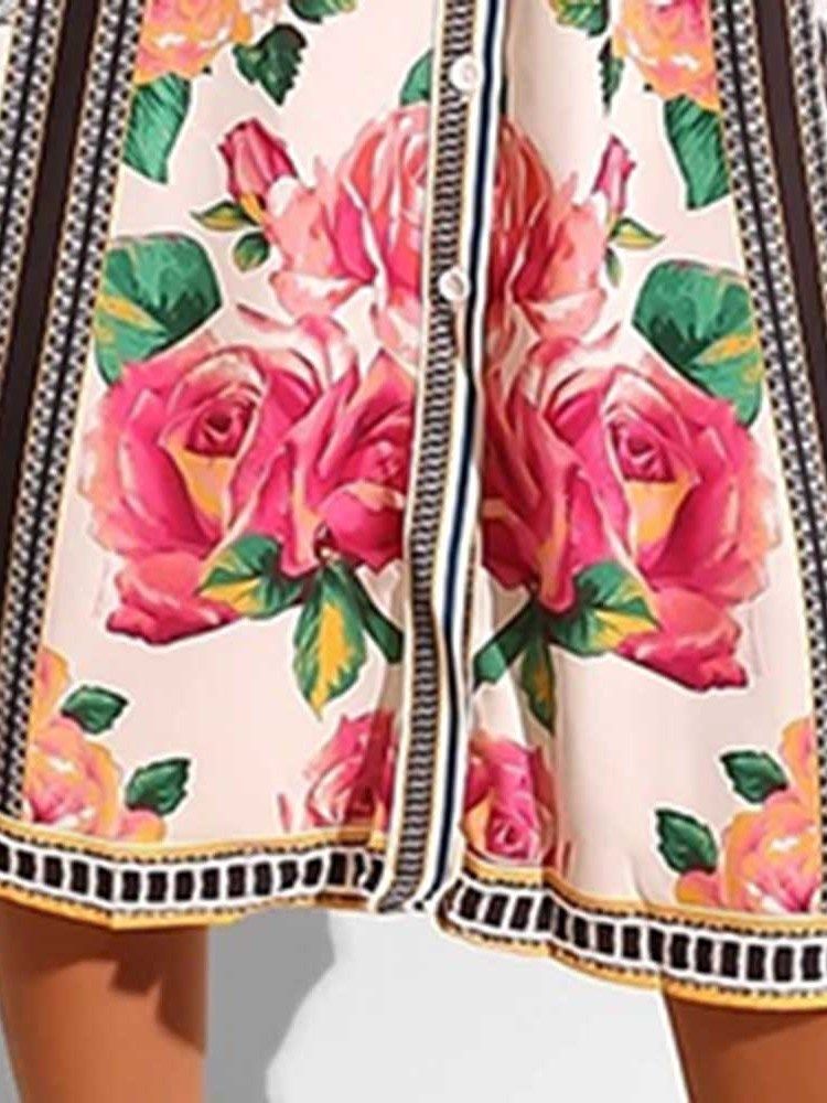Vestido Feminino Estampado Floral Lapela Manga Longa Linha A Vintage