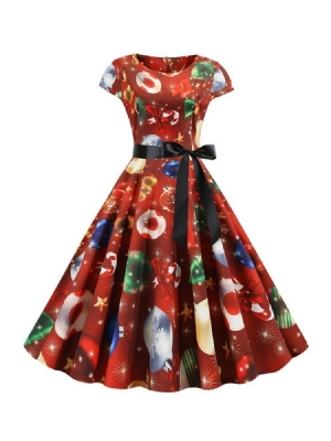 Vestido Feminino Estampado De Manga Curta De Manga Curta Com Cintura Média