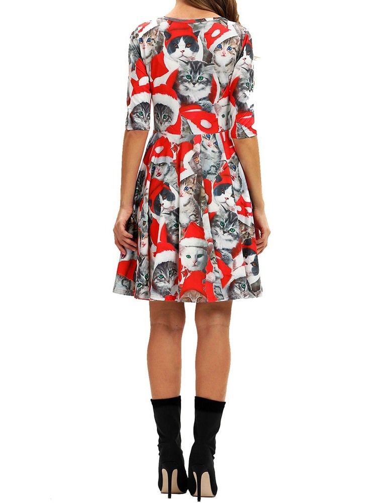 Vestido Feminino Estampado De Natal Acima Do Joelho Meia Manga Meia Cintura