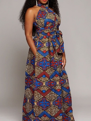 Vestido Feminino Estampado Sem Mangas Até O Chão De Cintura Alta Em Corte Tipo A
