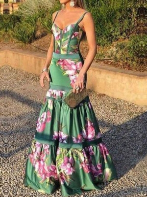 Vestido Feminino Estampado Sem Mangas Na Cintura Alta Na Altura Do Tornozelo