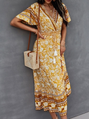 Vestido Feminino Floral Com Estampa De Manga Curta Com Decote Em V