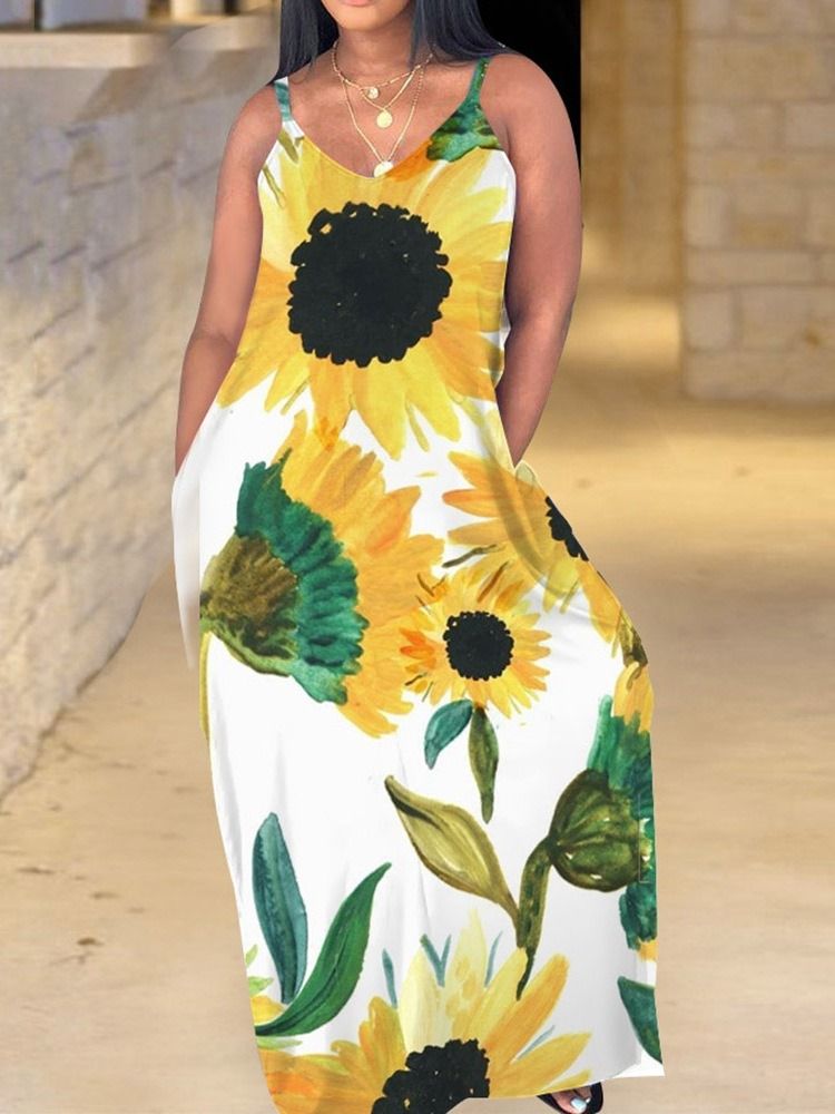 Vestido Feminino Floral Estampado Sem Mangas Até O Chão