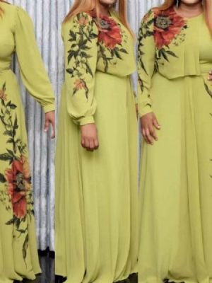 Vestido Feminino Floral De Outono Decote Redondo Manga Comprida Até O Chão