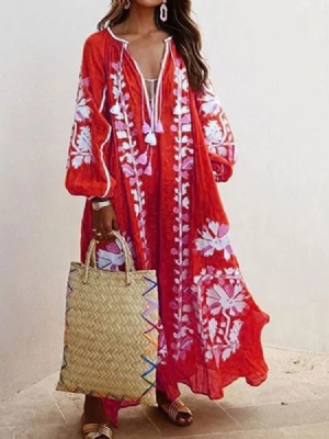 Vestido Feminino Floral Vintage Com Cordões E Manga Comprida Com Decote Em V