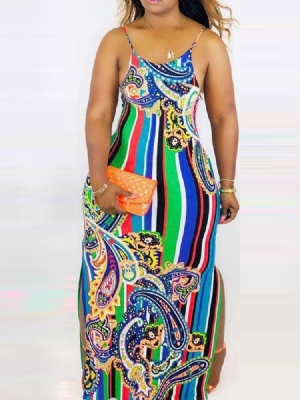 Vestido Feminino Geométrico Sem Mangas Sem Mangas Até O Chão