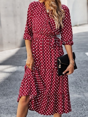 Vestido Feminino De Gola Em V Com Manga Três Quartos Meia Canela E Bolinhas Com Decote Em V