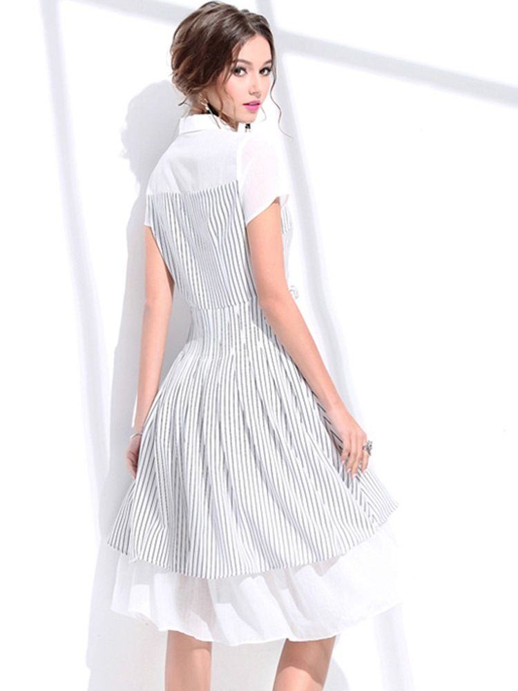 Vestido Feminino De Gola Pólo Bowknot Listrado