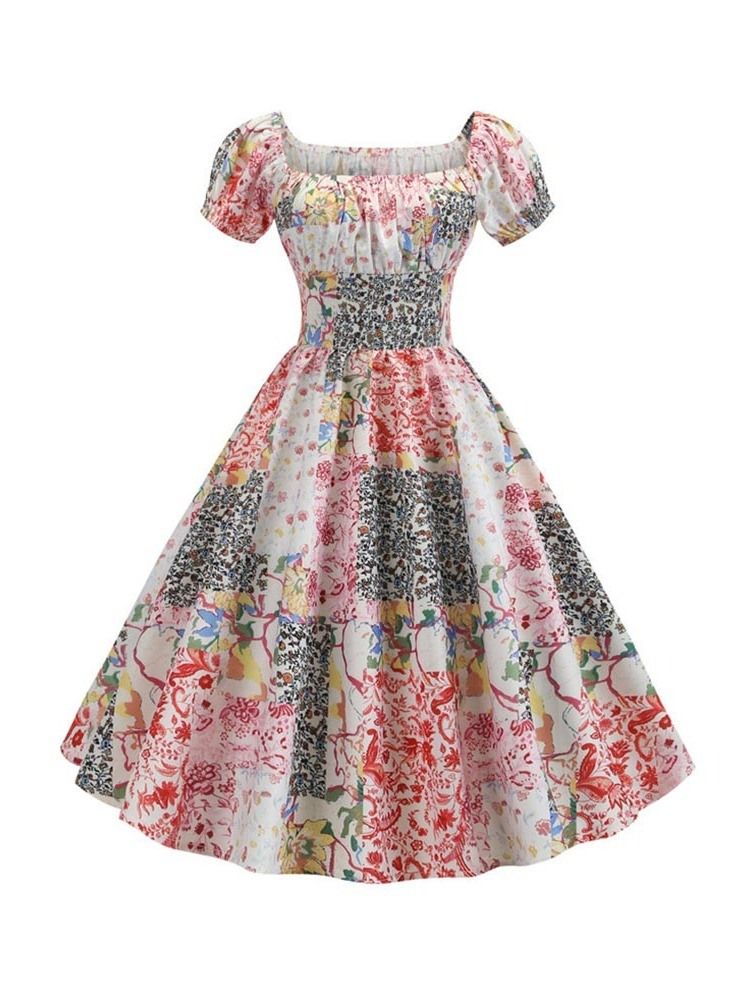 Vestido Feminino De Gola Quadrada De Manga Curta Estampado Em Linha A Plissado