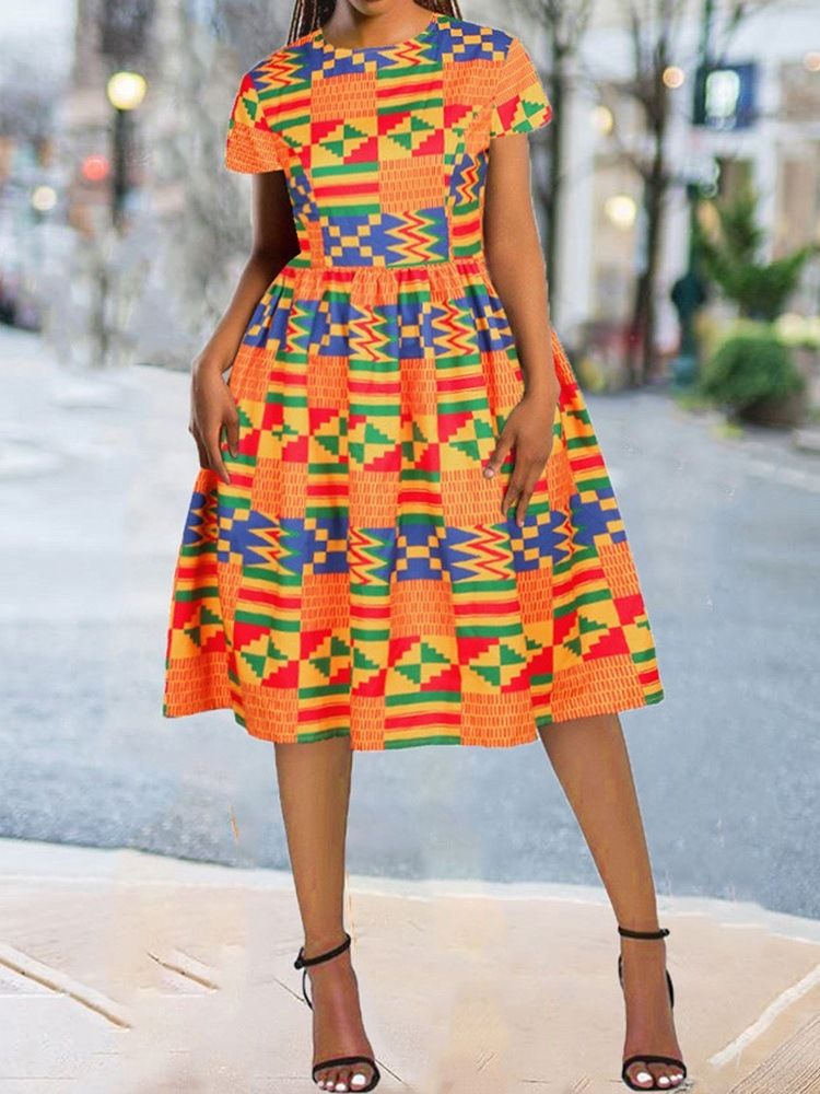 Vestido Feminino De Gola Redonda Estampa Meio-panturrilha Doce Estilo A-line