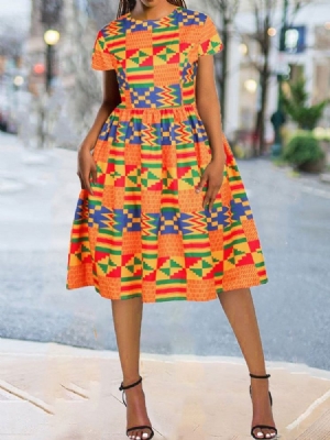 Vestido Feminino De Gola Redonda Estampa Meio-panturrilha Doce Estilo A-line