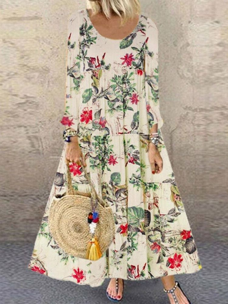 Vestido Feminino De Gola Redonda De Nove Pontos Com Estampa De Manga Alta De Cintura Alta
