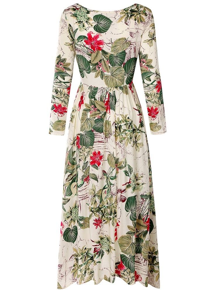 Vestido Feminino De Gola Redonda De Nove Pontos Com Estampa De Manga Alta De Cintura Alta