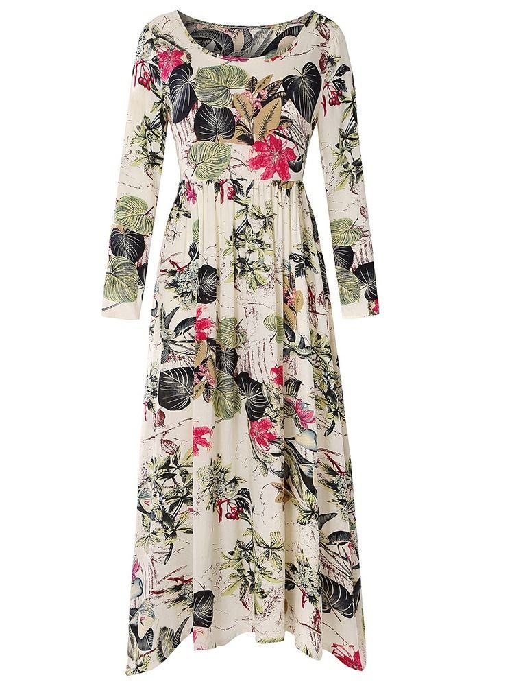 Vestido Feminino De Gola Redonda De Nove Pontos Com Estampa De Manga Alta De Cintura Alta