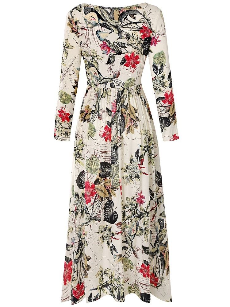 Vestido Feminino De Gola Redonda De Nove Pontos Com Estampa De Manga Alta De Cintura Alta