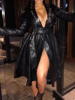 Vestido Feminino De Lapela Com Lapela Na Panturrilha Longa De Manga Comprida Regular