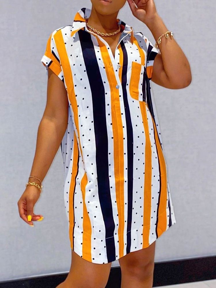 Vestido Feminino Lapela Estampada Acima Do Joelho Pulôver Listrada