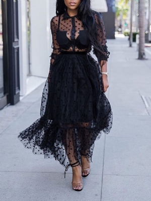 Vestido Feminino De Lapela Manga Comprida Com Bolinhas Transparentes Date Night