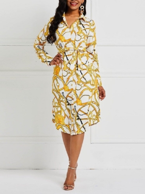 Vestido Feminino Lapela Manga Comprida Estampado Em Linha A Cintura Alta