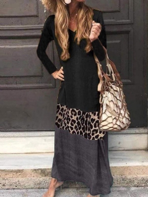 Vestido Feminino Leopardo De Manga Comprida Com Decote Em V Na Altura Do Tornozelo
