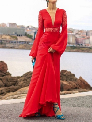 Vestido Feminino Liso Com Decote Em V Oco Manga Longa Cintura Alta