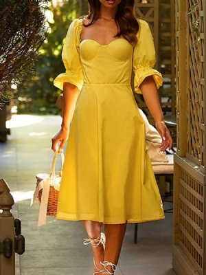 Vestido Feminino Liso Feminino Com Manga Três Quartos Panturrilha Média