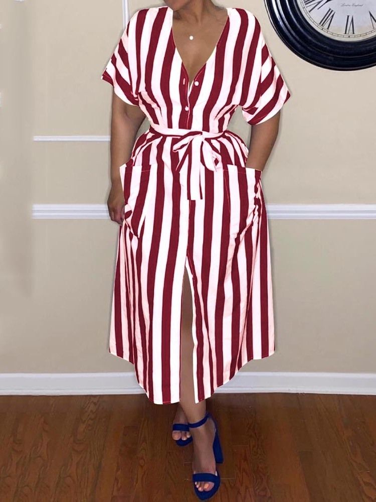 Vestido Feminino Listra De Meia Canela Com Bolso Em Corte Único
