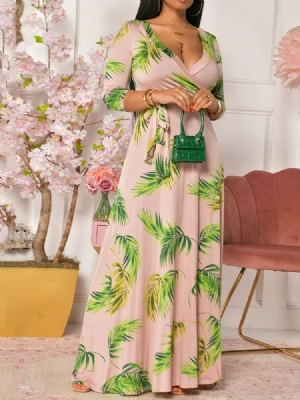 Vestido Feminino Longo Com Estampa De Manga Três Quartos Até O Chão