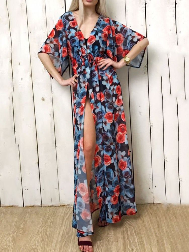 Vestido Feminino Longo Com Rendas E Manga Três Quartos Manga A