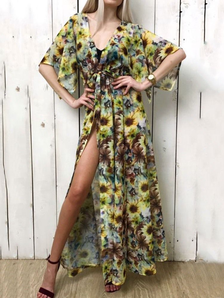 Vestido Feminino Longo Com Rendas E Manga Três Quartos Manga A