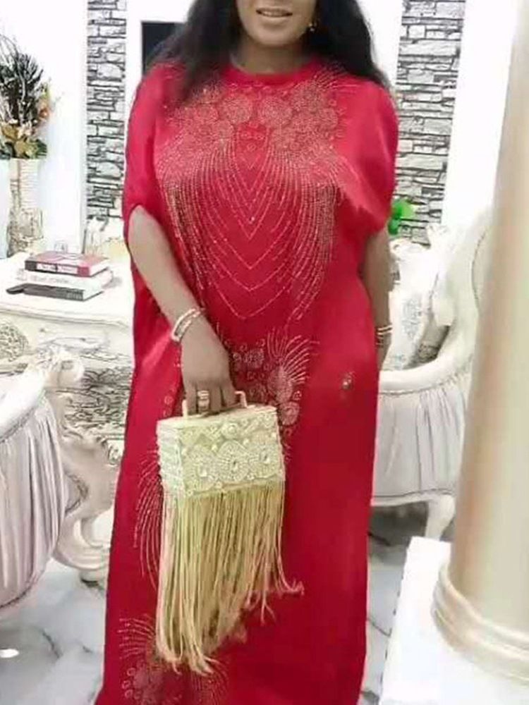 Vestido Feminino Longo De Strass Com Meia Manga A-line Geométrico