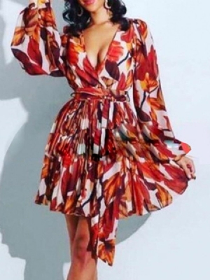 Vestido Feminino De Manga Comprida Acima Do Joelho Estampado Floral Pullover