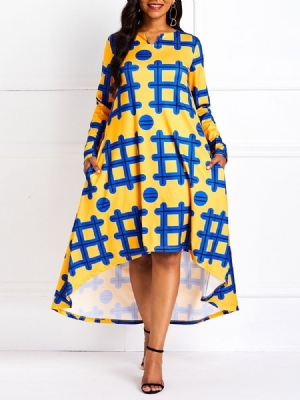 Vestido Feminino De Manga Comprida Assimétrico De Meia Panturrilha Com Bloco De Cor Primavera