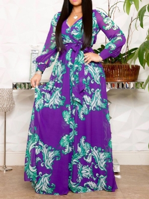 Vestido Feminino De Manga Comprida Até O Chão Com Decote Em V Colorido Block Pullover