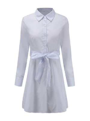 Vestido Feminino De Manga Comprida Botão Lapela Neutro Liso