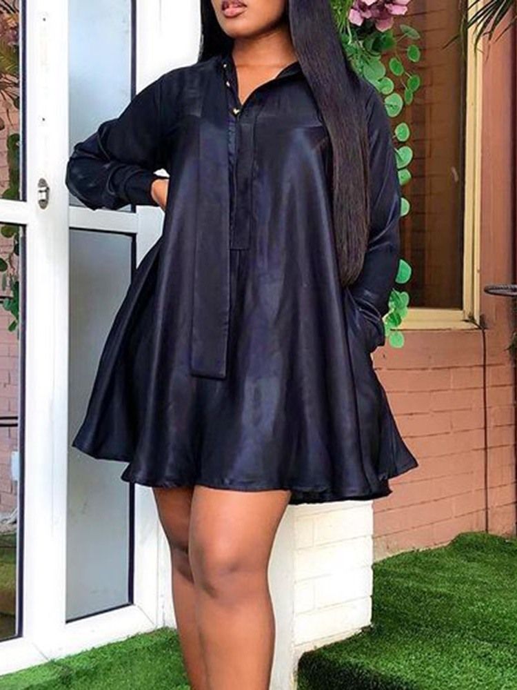 Vestido Feminino De Manga Comprida Com Botão Acima Do Joelho Liso Em Linha A